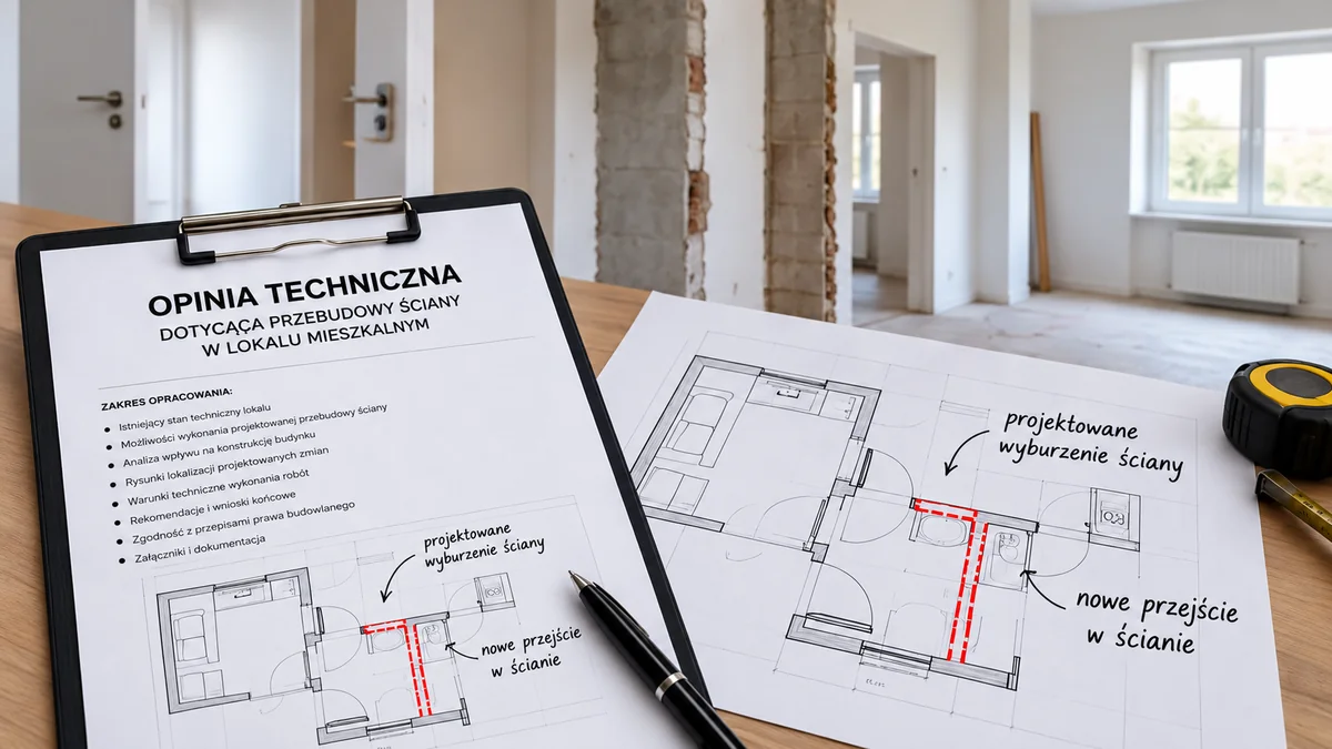 Opinia techniczna dotycząca przebudowy ściany w mieszkaniu — dokument i arkusz z rzutem lokalu
